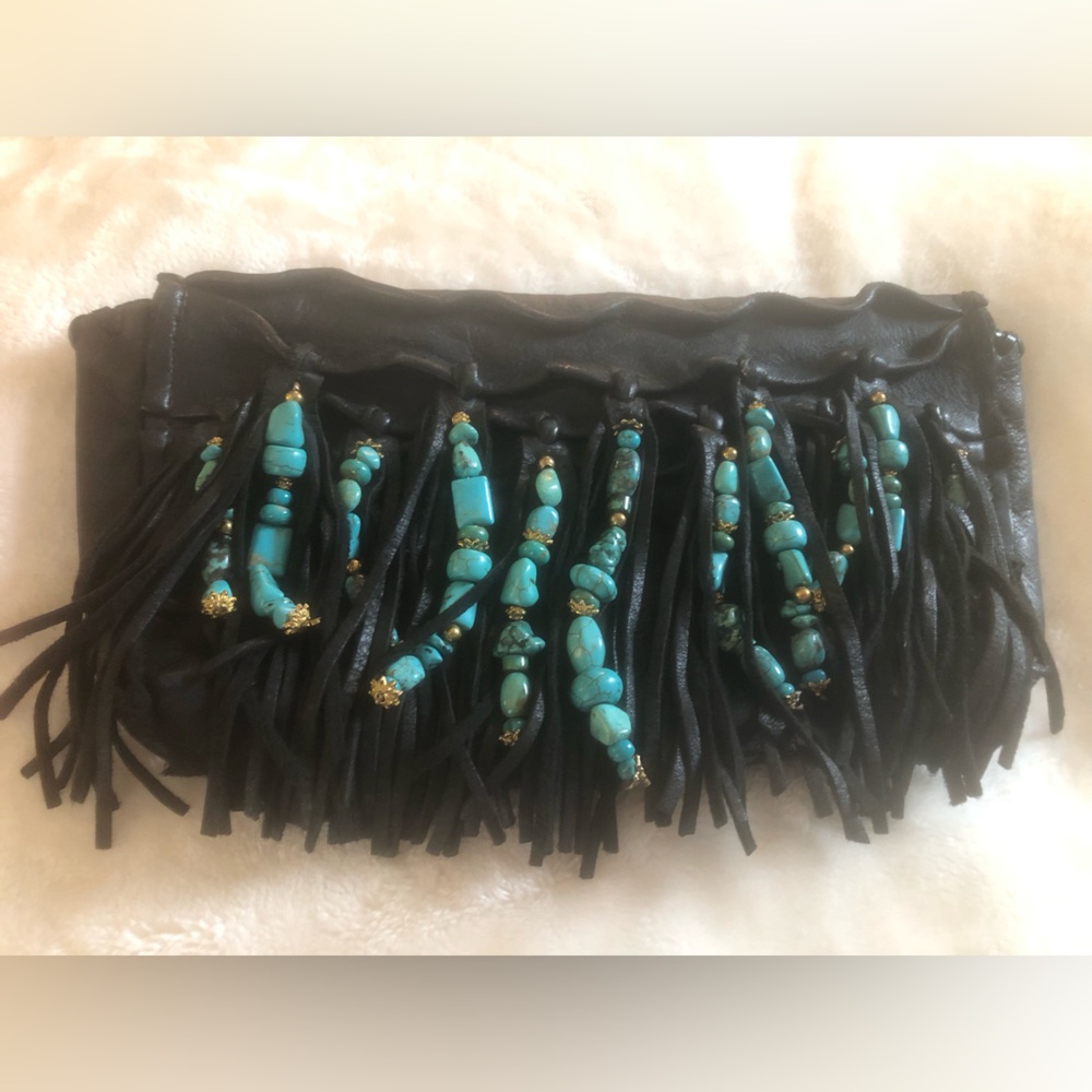 Vintage leather hobo Black Fringe Clutch 11” with Turquoise Bead Accents